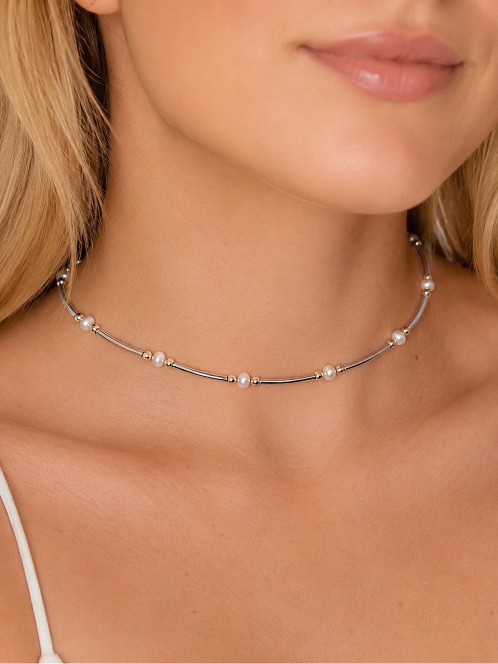 Pearl-Accent Silver Choker Necklace